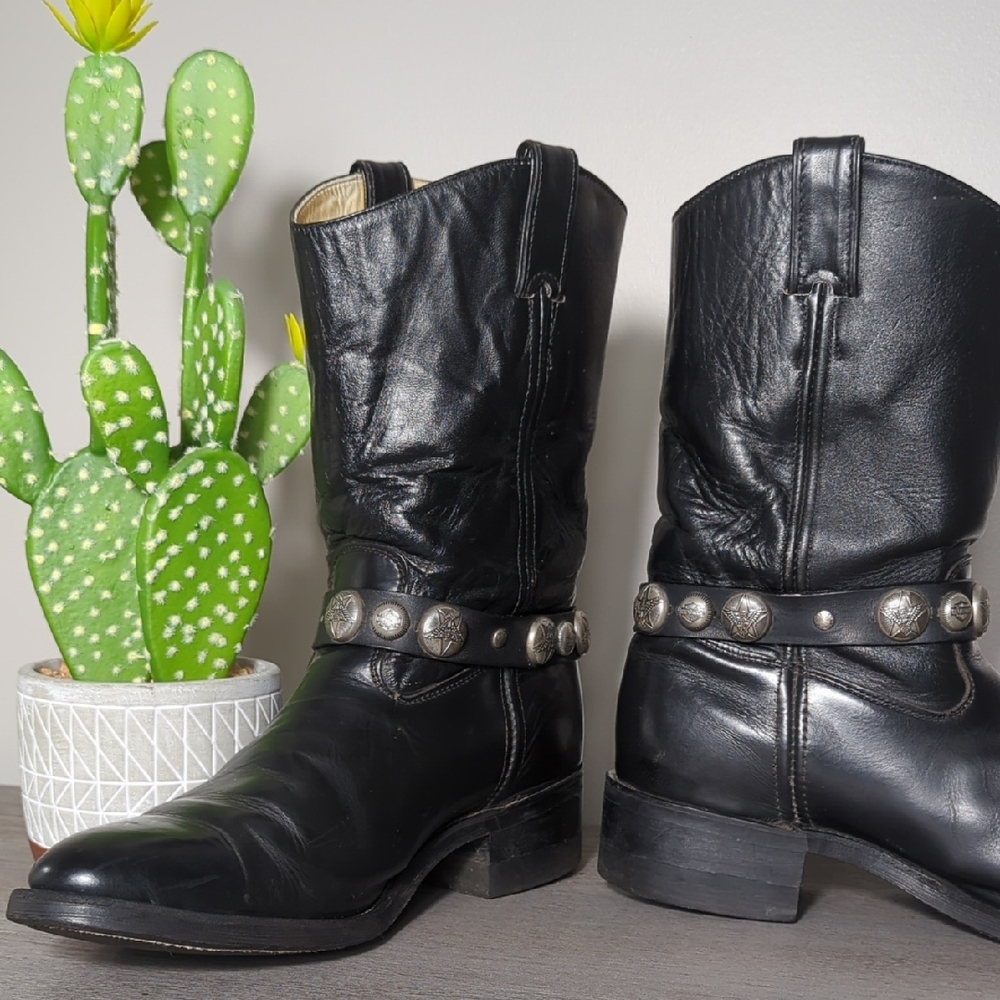 Vtg 90s Black Leather Harley Davidson Motorcycle Harness Boots Men's 11 Goodyear - Picture 9 of 16